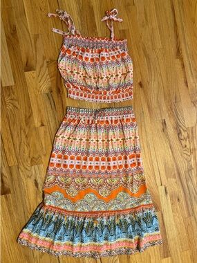 Rachel Zoe Orange Blue Floral Two-Piece Top Skirt Set (Top: Medium, Skirt Small)